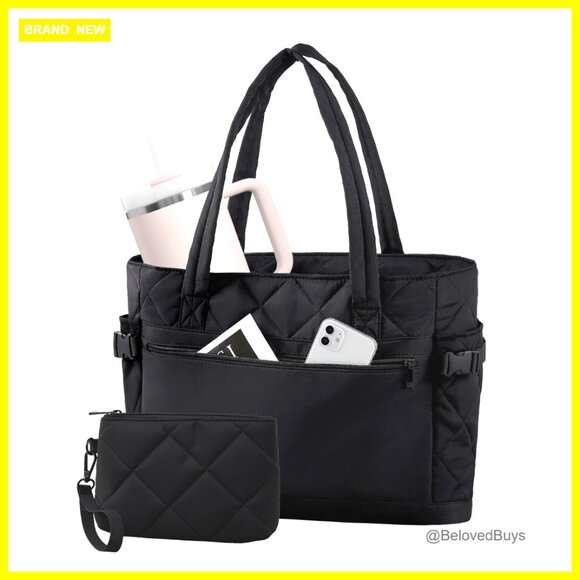 Quilted Puffer Tote Bag with Cup Holder, Multiple Pockets, Waterproof Travel